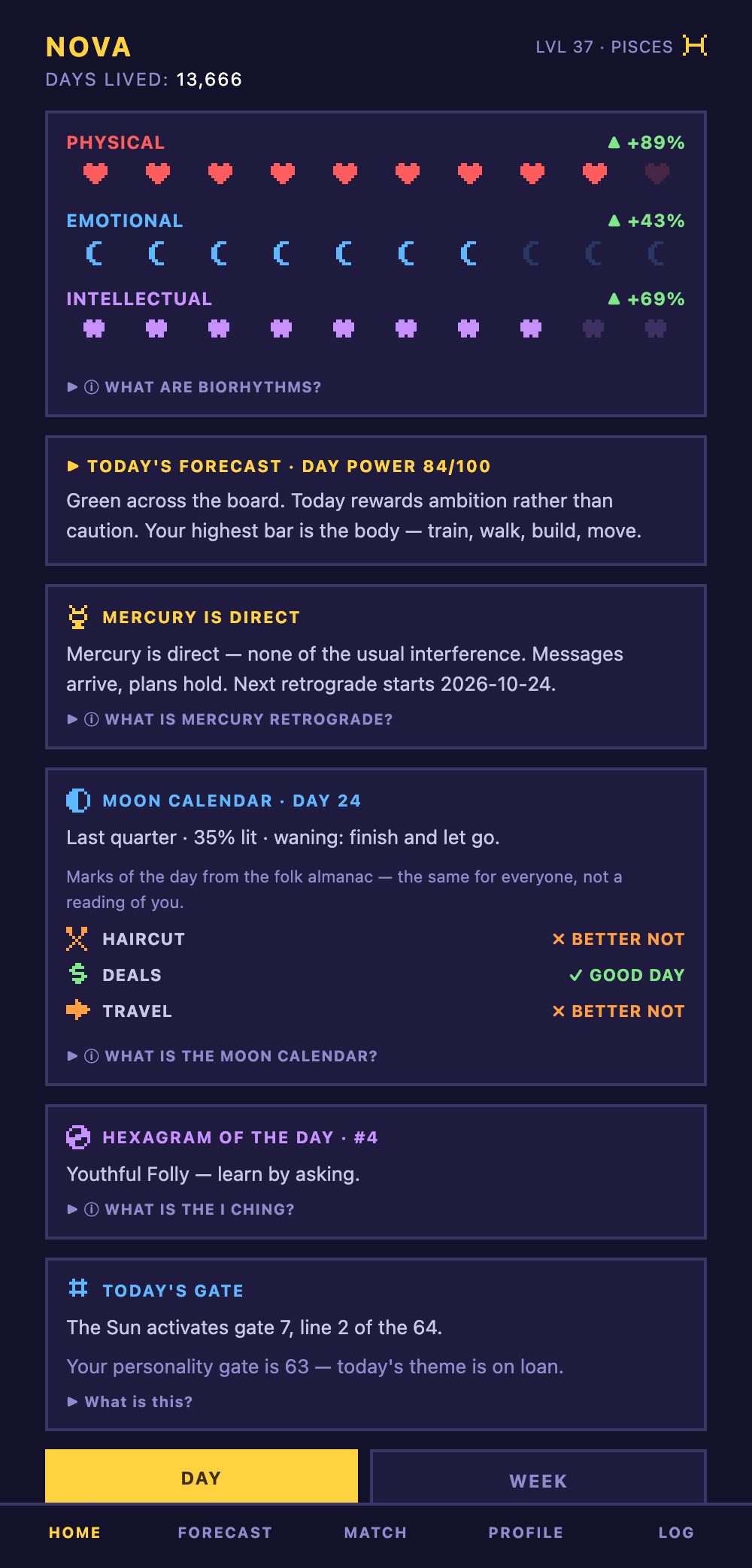 Birthbit home screen: three biorhythm cycles as pixel bars and a day-power score